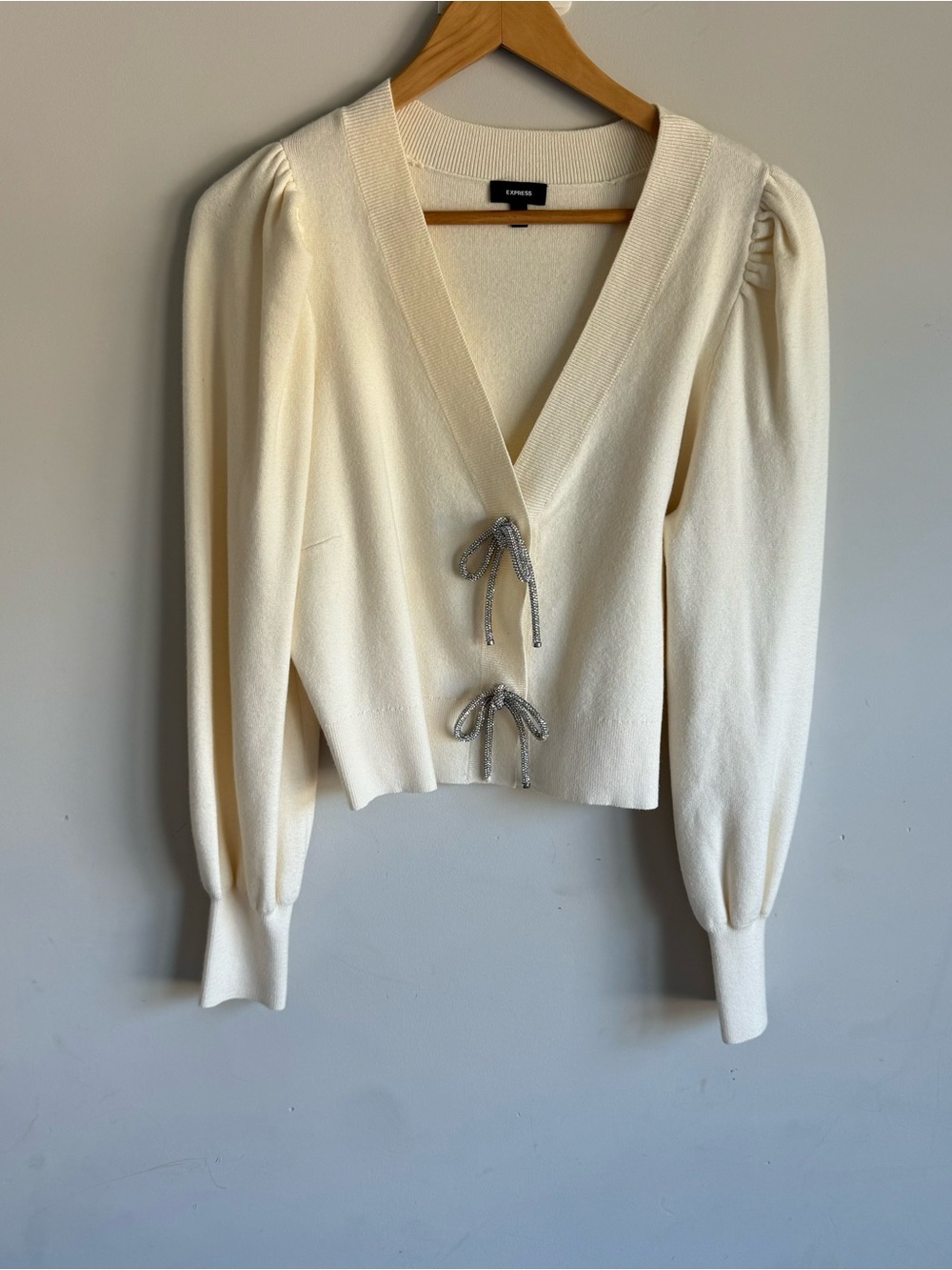 Express Cream V-Neck Tie-Front Puff-Sleeve Cardigan